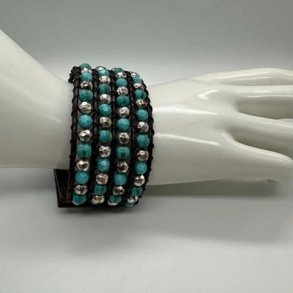 Fik Yung Boho Turquoise‎ Silver Tone Beaded Wrap Bracelet Brown Leather Snap